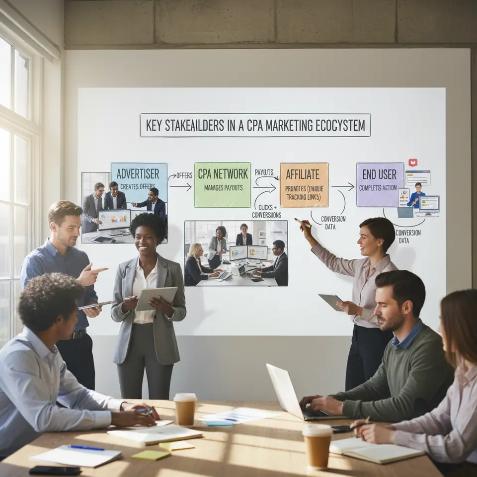 Key Stakeholders in a CPA Marketing Ecosystem: an infographic-style diagram showing four main entities—Advertiser creating offers, CPA Network managing payouts, Affiliate promoting via unique tracking links, and End User completing the action—with arrows indicating the flow of offers, clicks, conversions, and payouts.
