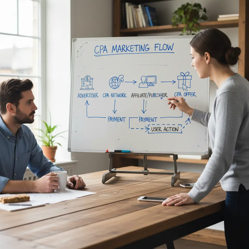 A clear flowchart illustrating the four core components of CPA Marketing: an Advertiser icon, a CPA Network icon, an Affiliate/Publisher icon, and a CPA Offer icon, with arrows showing user action flowing from the offer to the affiliate, and payment flowing back from the advertiser through the network to the affiliate.