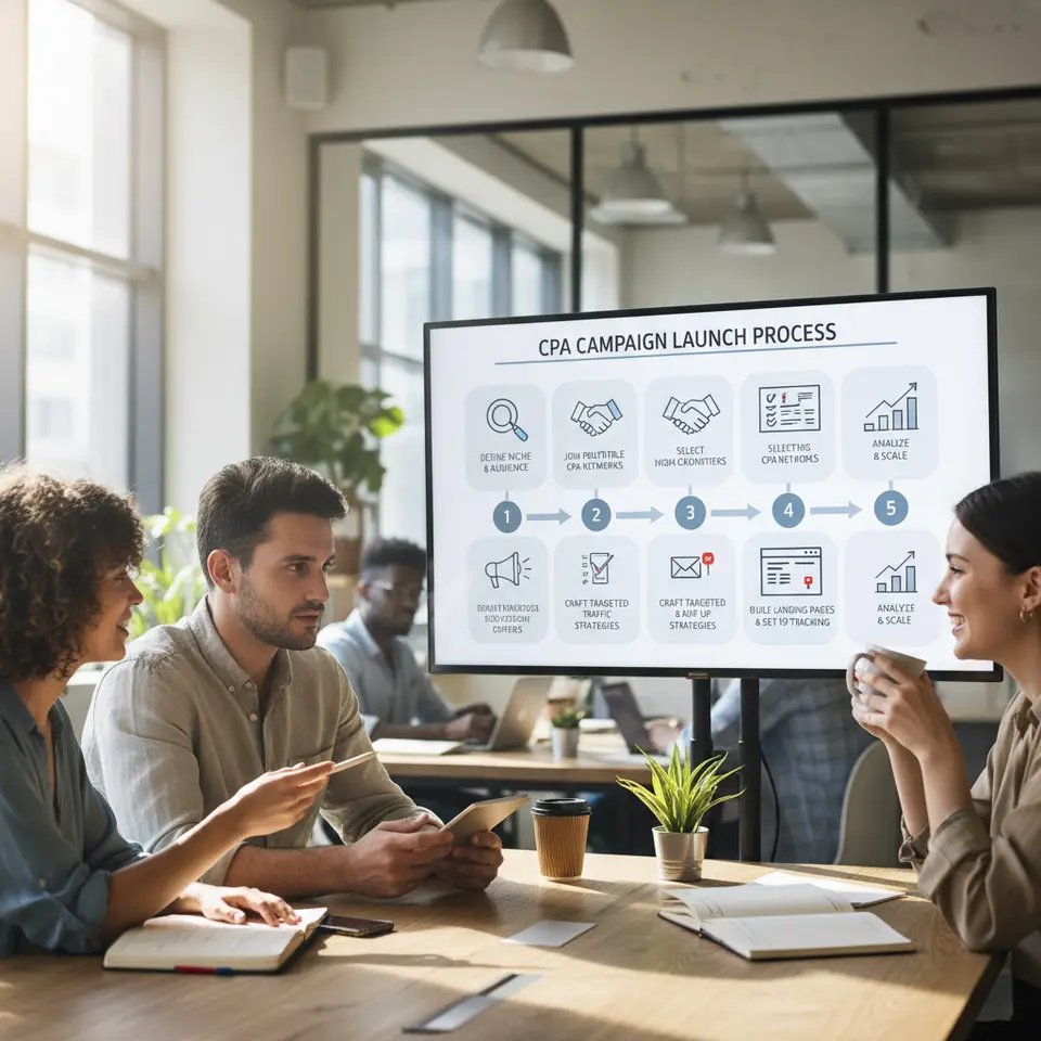 An infographic roadmap showing the six-step CPA campaign launch process: 1) Define Niche & Audience (magnifying glass over a target), 2) Join Reputable CPA Networks (handshake icon), 3) Select High-Converting Offers (checklist and funnel), 4) Craft Targeted Traffic Strategies (megaphone and channel icons), 5) Build Landing Pages & Set Up Tracking (webpage mockup with tracking pixel), 6) Analyze, Optimize & Scale (bar chart with upward arrow), each step visually numbered and connected in sequence.