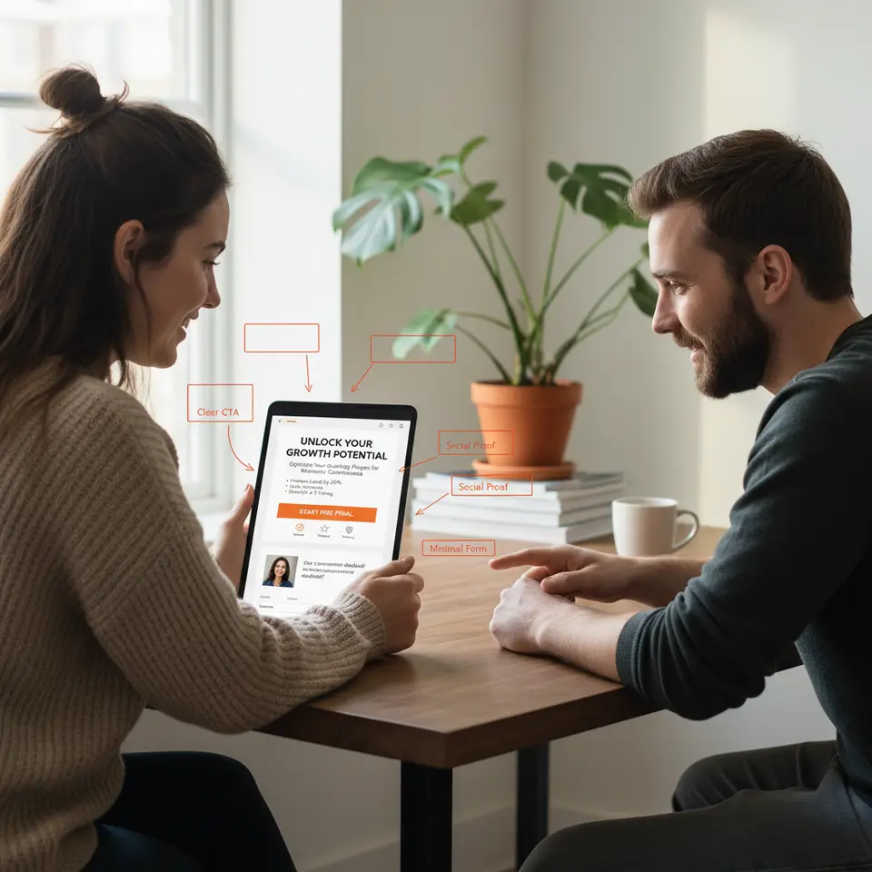 Optimizing Landing Pages to Boost Conversions: a detailed, annotated landing page mockup showing key elements – concise headline, subheading, bullet-point benefits, prominent call-to-action button in contrasting color, trust badges/testimonials, minimal form fields, and a mobile-responsive layout